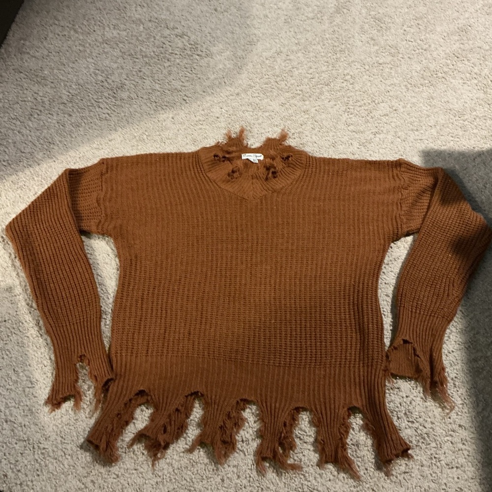Caren Sport Grunge Distressed Fringe Hem Knit Sweater 2X Whimsigoth Eclectic